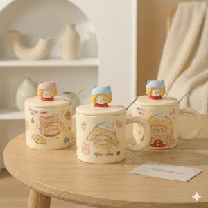 كوب ليلي سيراميك لطيف مع غطاء وملعقة